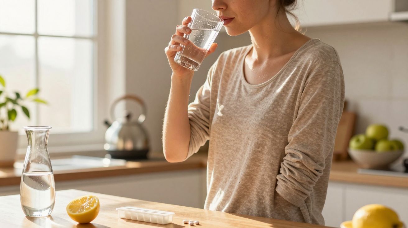 Mujer en cocina tomando agua de un vaso junto a tableta con pastillas y limones.