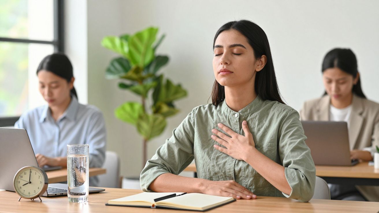 Mujer meditando en oficina con mano en el pecho, rodeada de compañeros trabajando en portátiles. Hay reloj y planta.