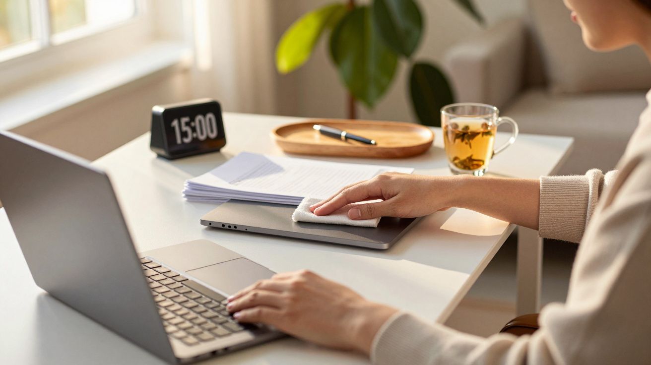 Manos limpiando un portátil en un escritorio con una taza de té, papeles, reloj digital y planta al fondo.