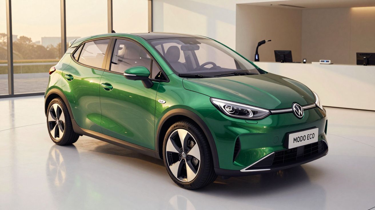 Coche eléctrico verde estacionado en un showroom moderno con fondo de grandes ventanales.