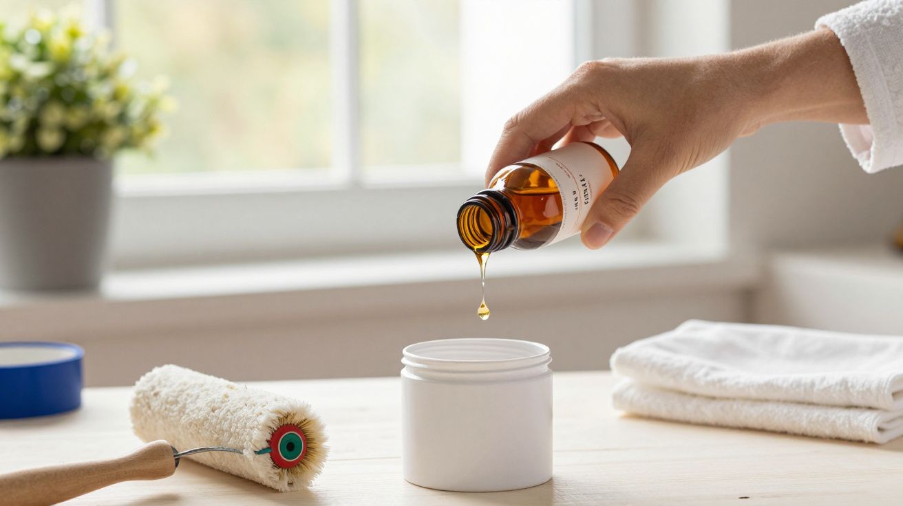 Mano vertiendo aceite en tarro junto a rodillo de pintura sobre mesa de madera con toallas blancas al fondo.