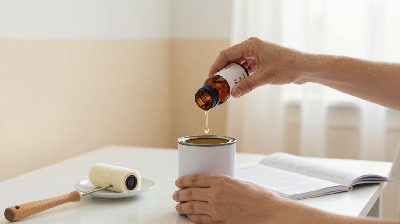 Manos vertiendo líquido de una botella marrón en un bote blanco, con un rodillo y un libro en la mesa.