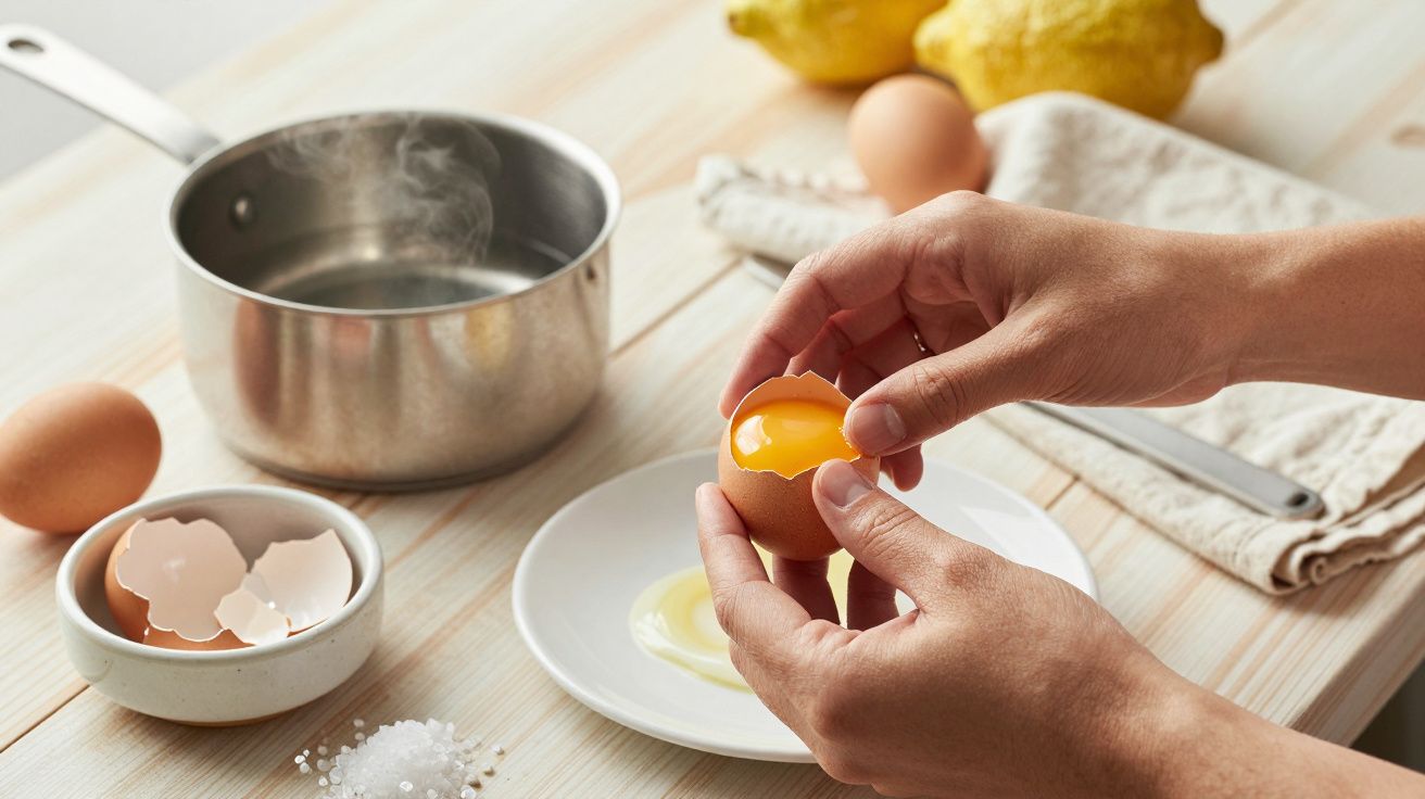 Manos separando una yema de huevo en un plato, con cacerola, limones y sal en la mesa de madera clara.