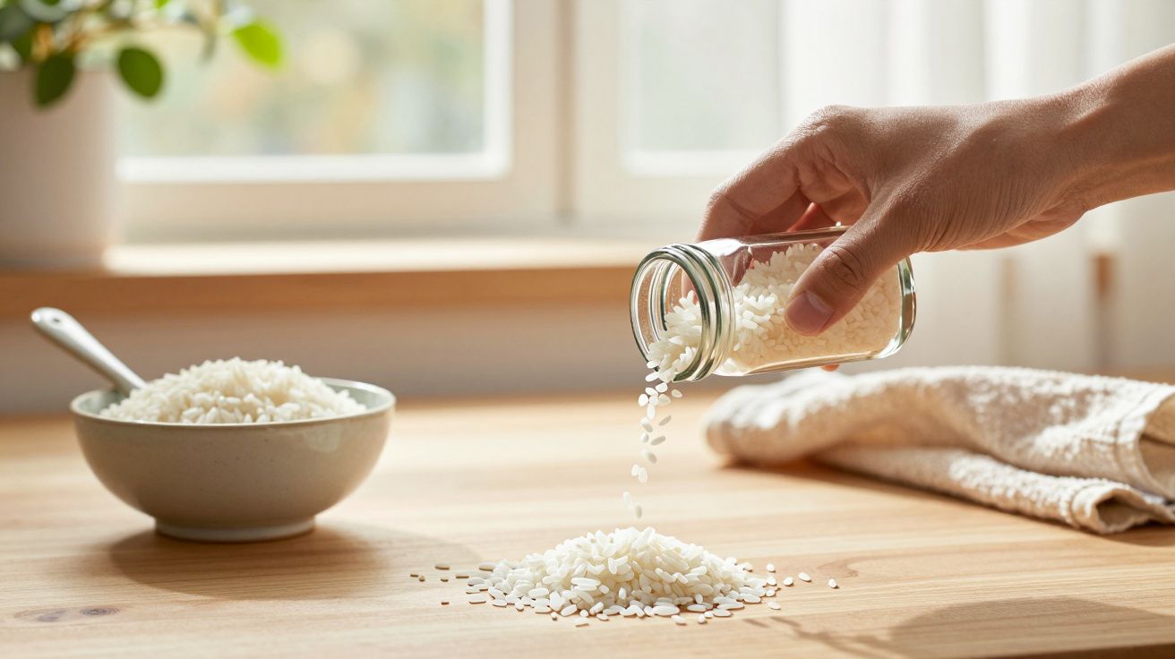 Mano vertiendo arroz desde un frasco sobre la mesa, junto a un cuenco con arroz y una ventana al fondo.