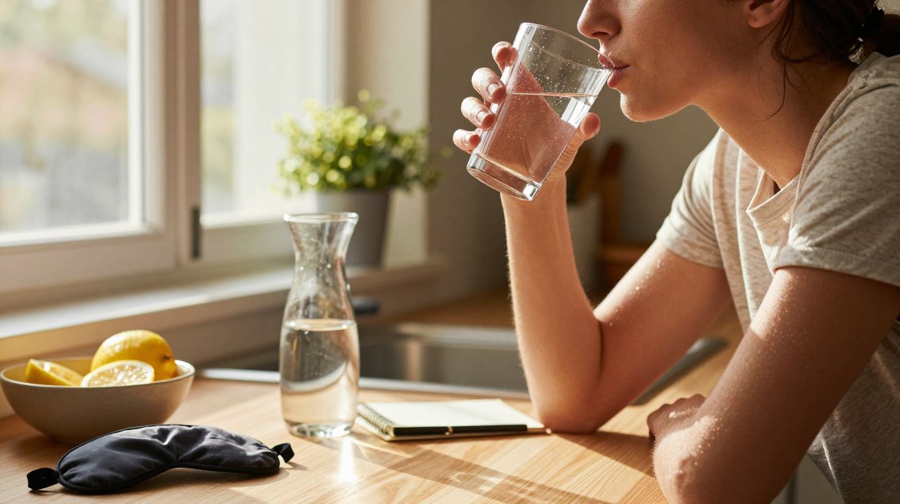 Mujer bebiendo agua en la cocina, con jarra, limones y cuaderno en la mesa, a plena luz del día.