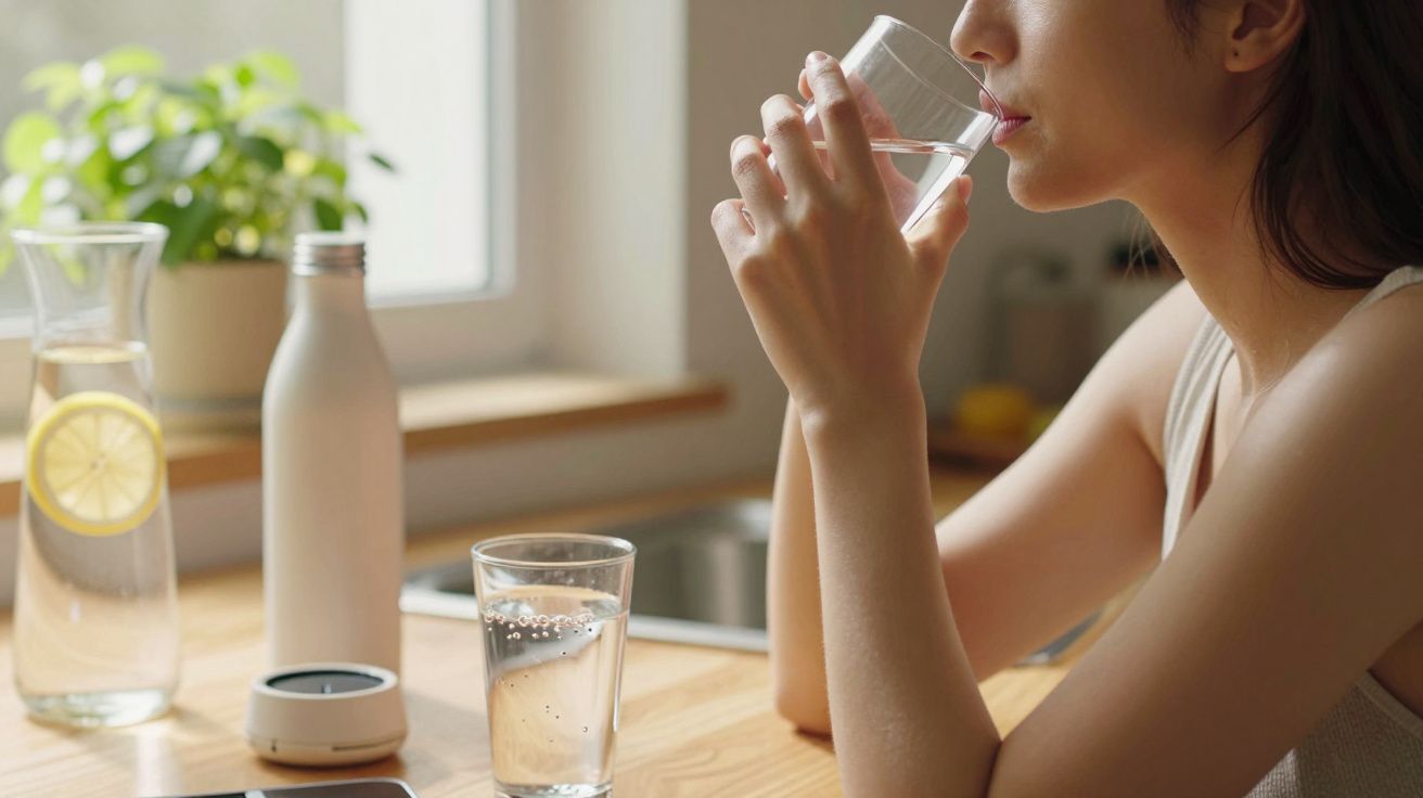 Mujer bebiendo agua en una cocina luminosa, con una jarra de agua con limón, una botella y una planta al fondo.