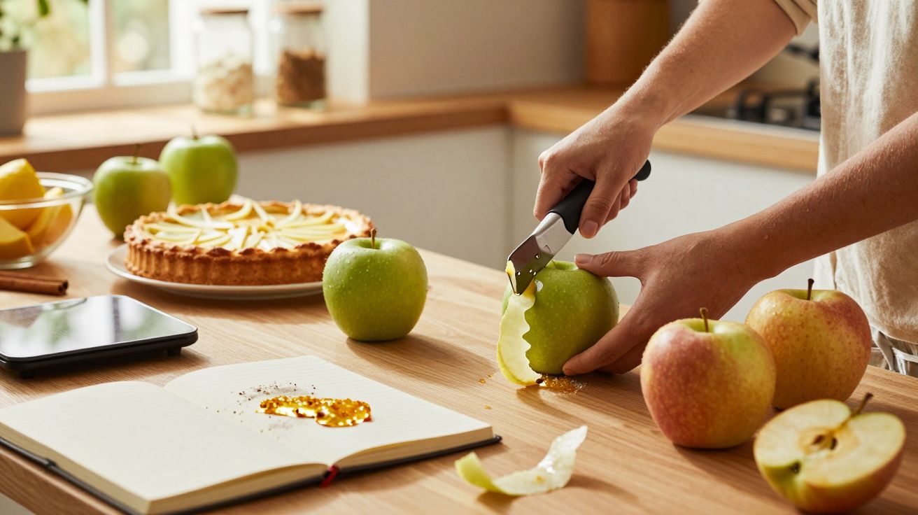Manos pelando una manzana verde en una cocina, con un cuaderno, manzanas y una tarta sobre la mesa.