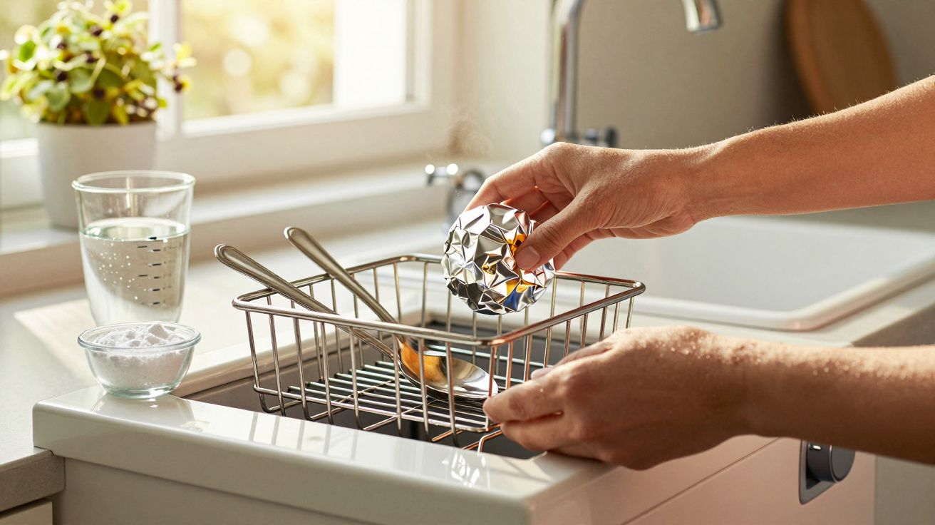 Manos colocando una bola metálica en un escurridor junto a cubiertos en una cocina iluminada.