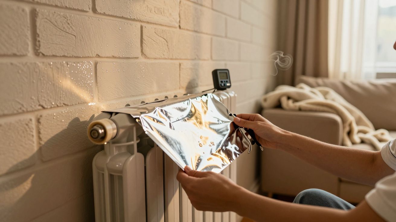 Persona colocando papel de aluminio detrás de un radiador en una sala de estar iluminada por el sol.
