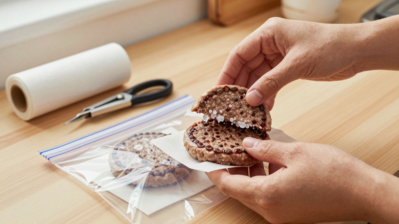 Manos sosteniendo dos galletas sobre papel de cera; una cortada por la mitad. Fondo con cierre hermético y tijeras.