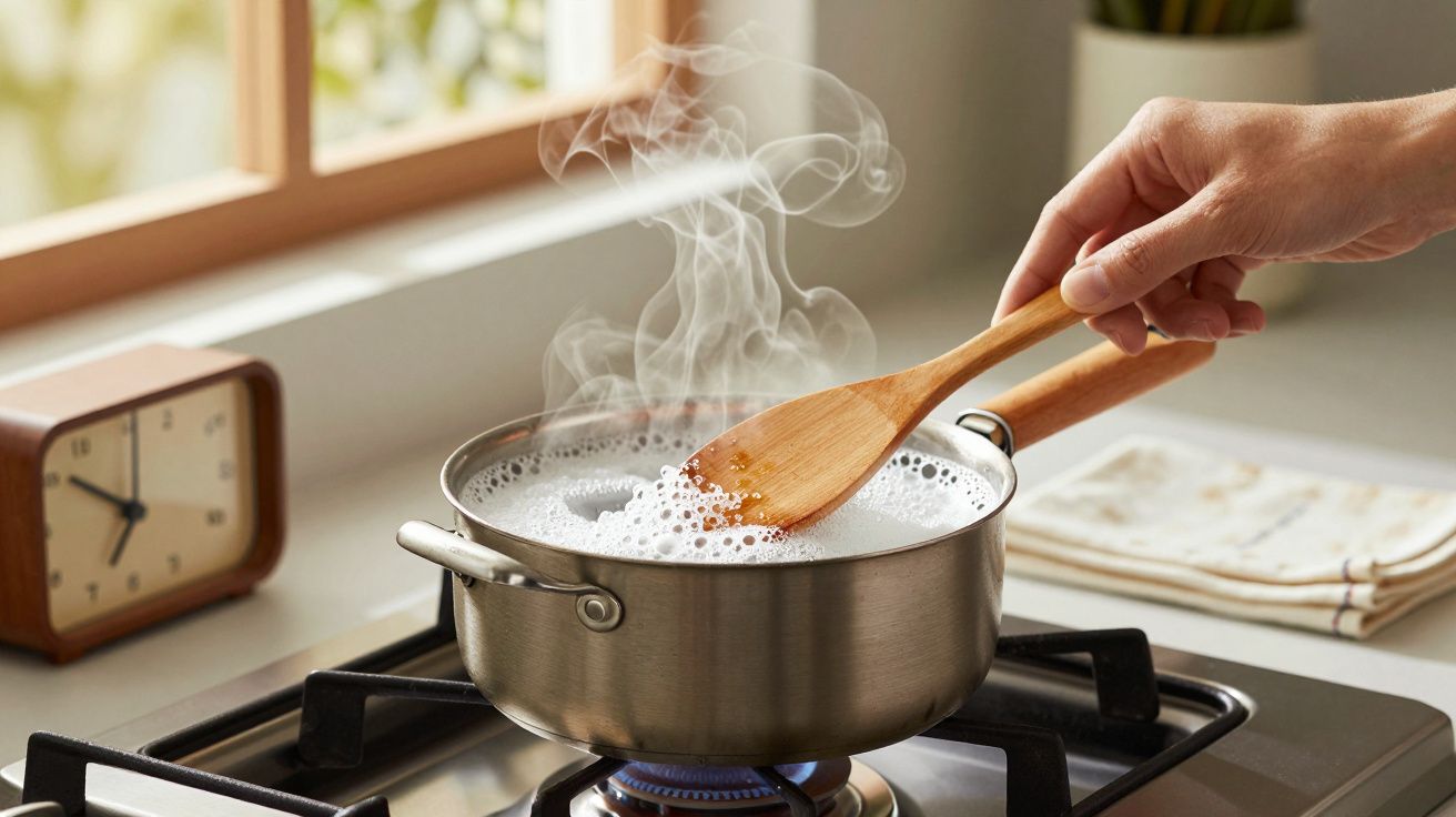 Mano removiendo con cuchara de madera en una olla con agua hirviendo sobre una estufa a gas.