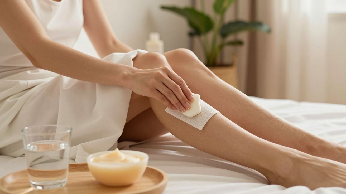 Persona aplicando cera en la pierna con una tira, sentada en una cama junto a un vaso de agua y crema.