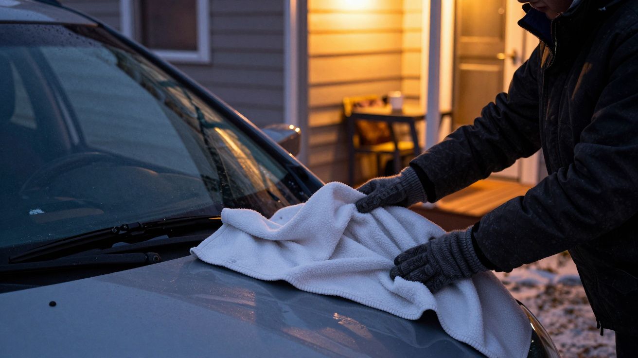 Persona limpiando la parte delantera de un coche gris con un paño blanco en un ambiente invernal.