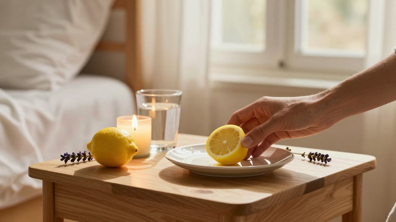 Mano colocando medio limón en un plato sobre mesa de noche, junto a vela, vaso de agua y limón entero.