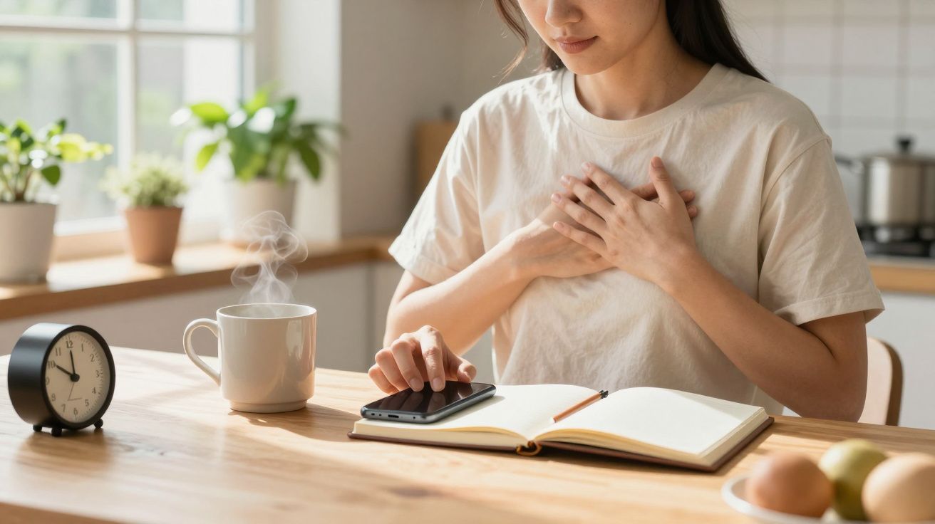 Mujer tocándose el pecho sentada en una mesa con café, libro abierto, móvil y un reloj.