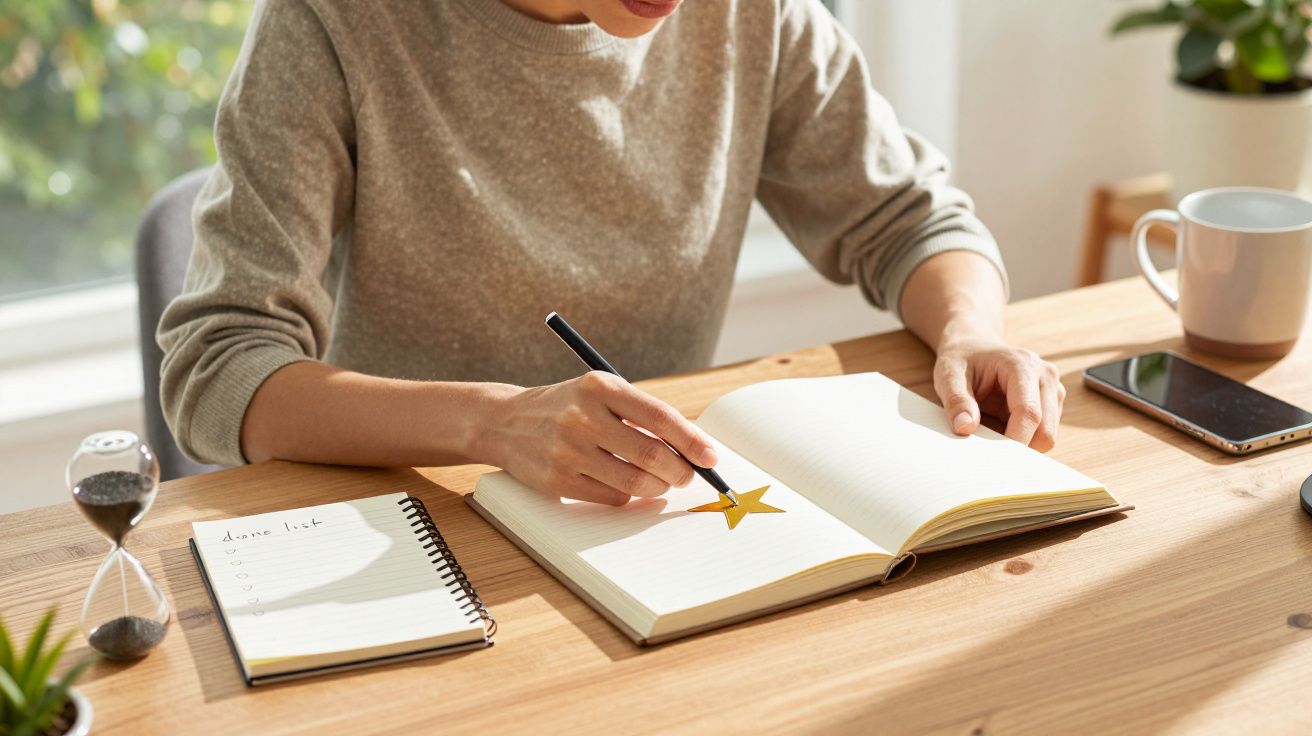 Persona dibujando una estrella dorada en un cuaderno sobre una mesa, junto a un teléfono, una lista y un reloj de arena.