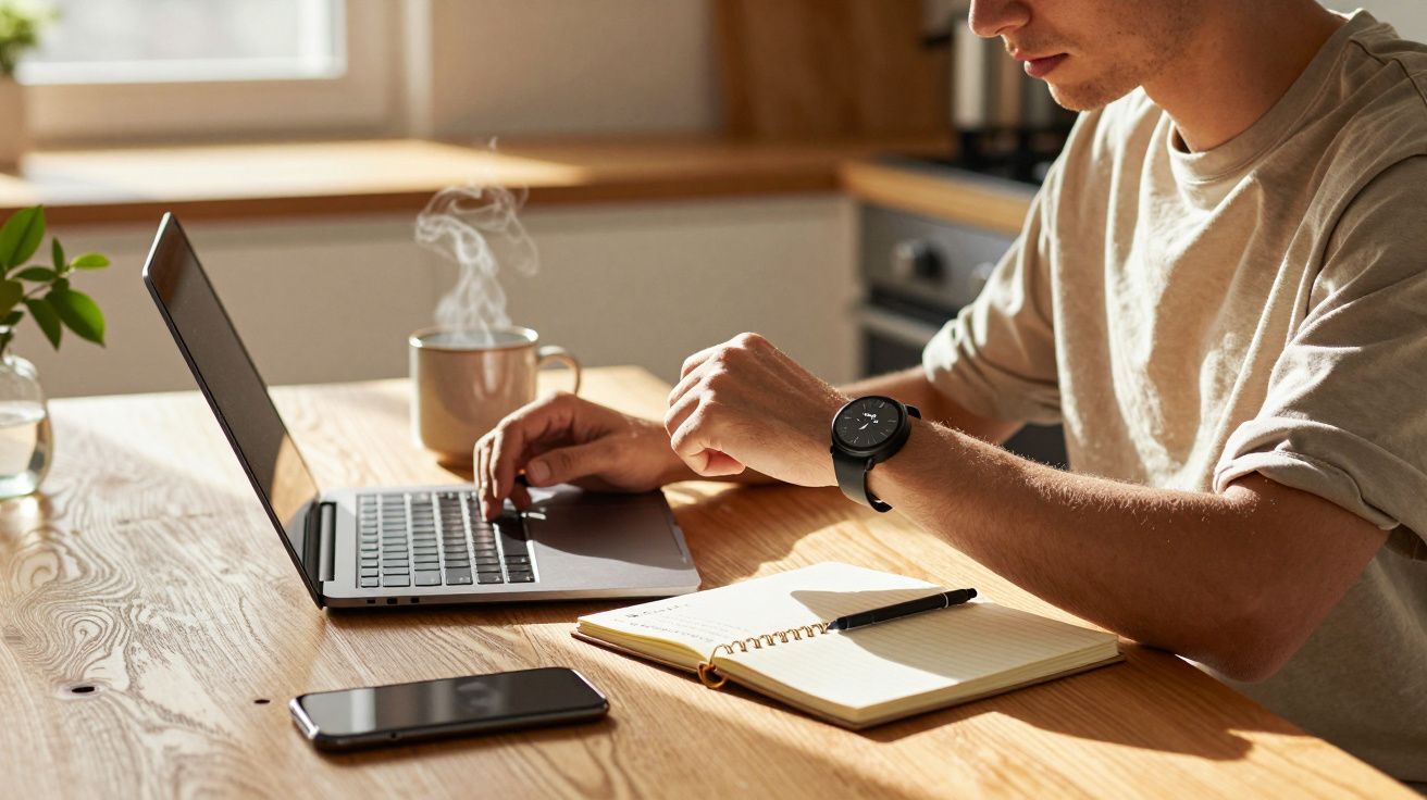 Hombre escribiendo en portátil en una mesa de madera, con taza de café, cuaderno, bolígrafo y móvil al lado.