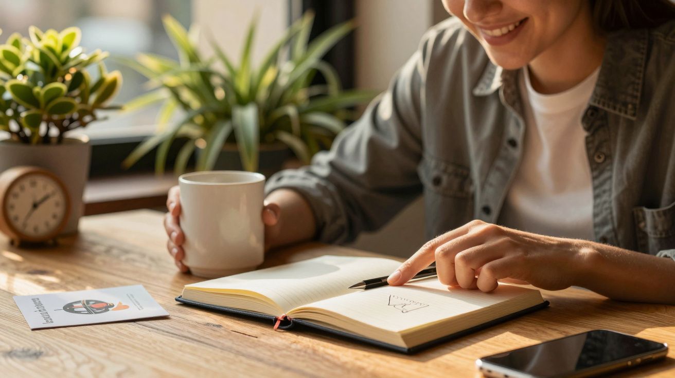 Persona feliz escribe en cuaderno con lápiz mientras sostiene una taza. Hay una planta y un reloj en la mesa.