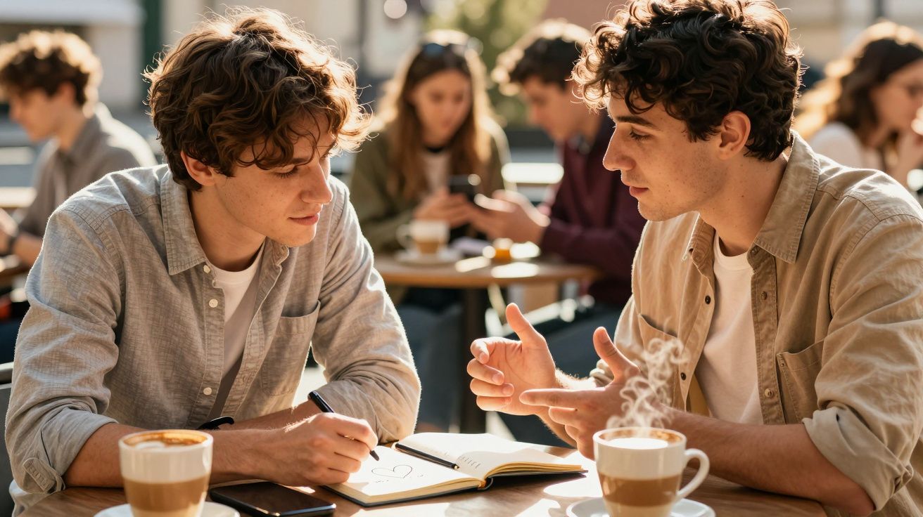 Dos personas conversan en una cafetería al aire libre, con tazas de café y cuadernos sobre la mesa.