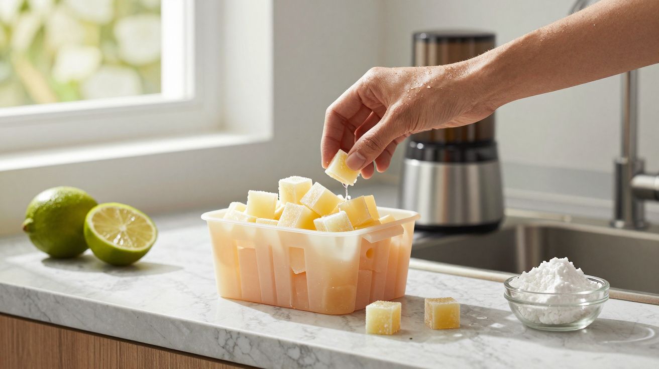 Mano colocando cubo amarillo en recipiente en cocina, con limones y tazón de polvo blanco al fondo.