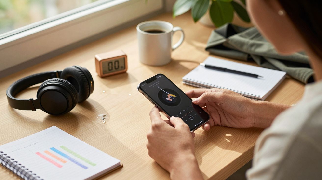 Persona con smartphone en la mano, auriculares y una taza de café sobre un escritorio junto a una ventana.