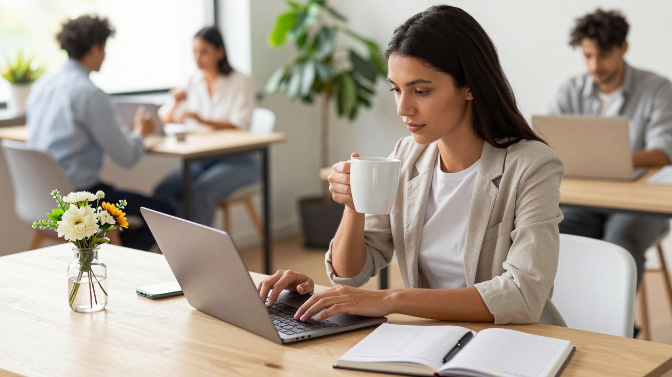 Mujer trabajando en ordenador portátil y bebiendo café en una oficina moderna, con otras personas trabajando al fondo.