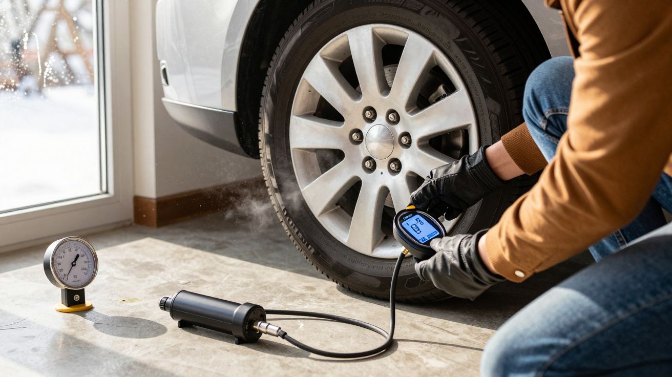 Persona inflando un neumático de coche con un inflador portátil, usando un medidor digital para comprobar la presión.