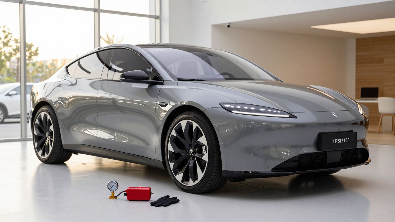 Coche eléctrico gris en un showroom moderno, acompañado de un compresor, guantes y un manómetro en el suelo.