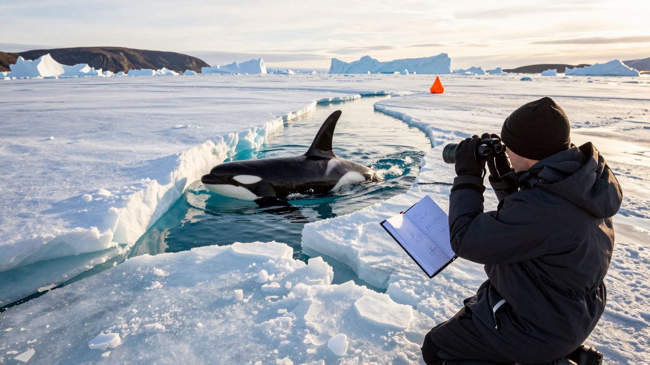 Persona observando una orca emergiendo entre el hielo en un paisaje ártico.