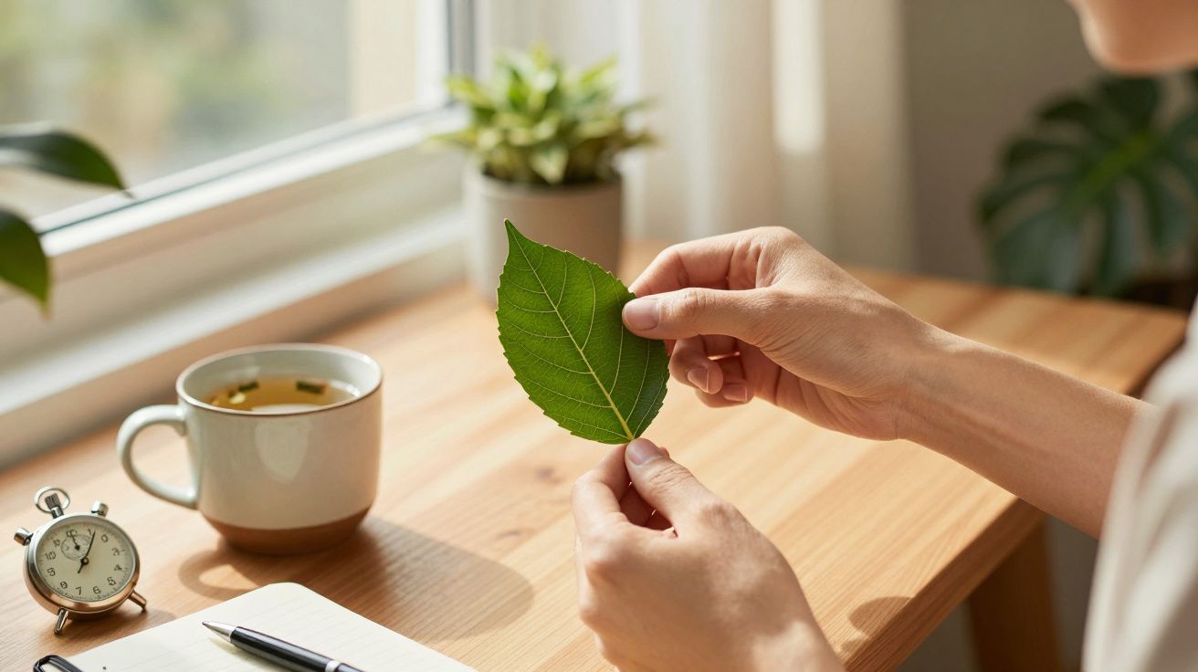 Persona sosteniendo una hoja verde junto a una taza de té y un reloj sobre una mesa de madera.
