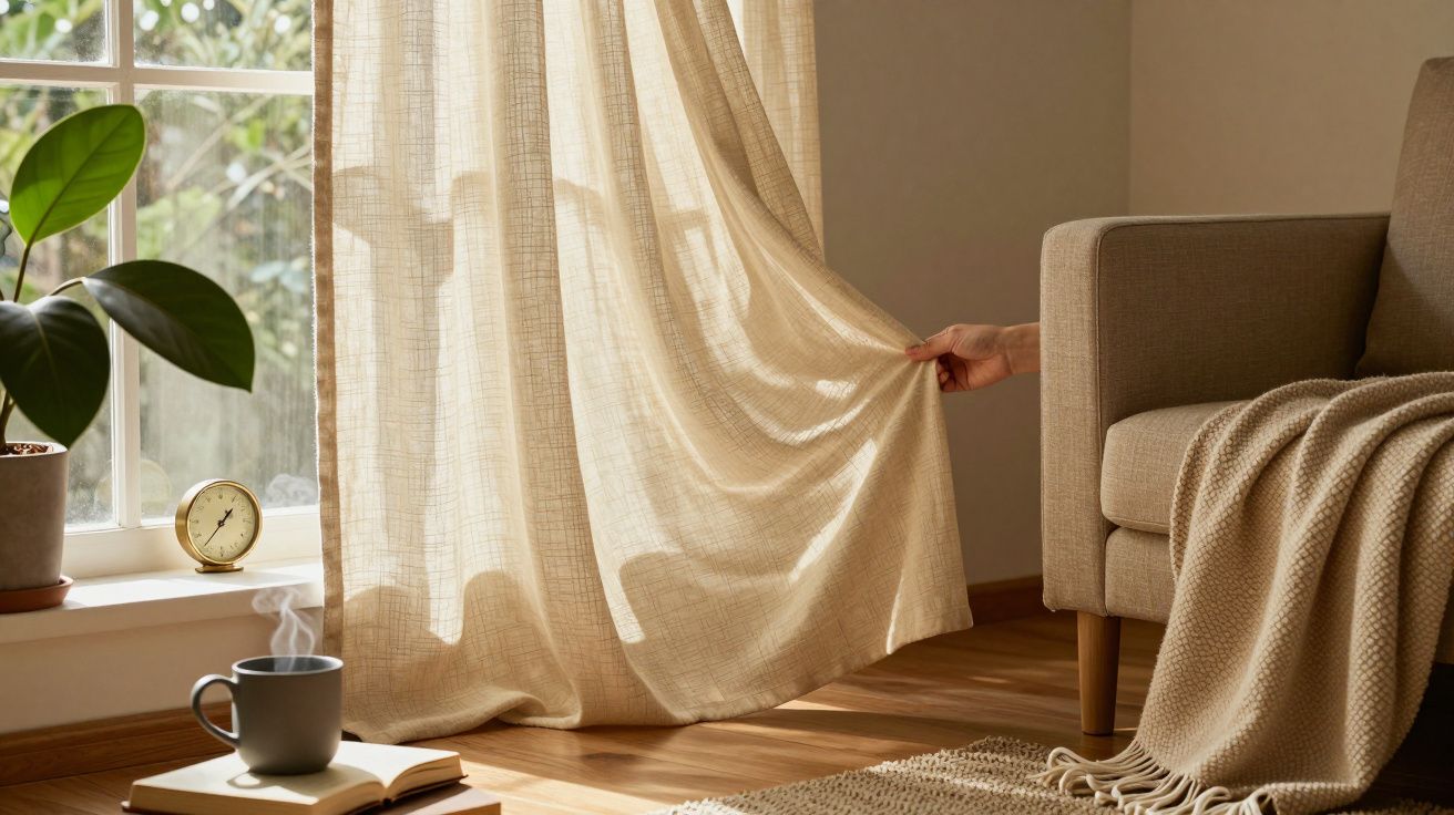 Mano abriendo cortina beige en sala con sofá, manta, planta, reloj y taza humeante sobre un libro cerca de ventana.