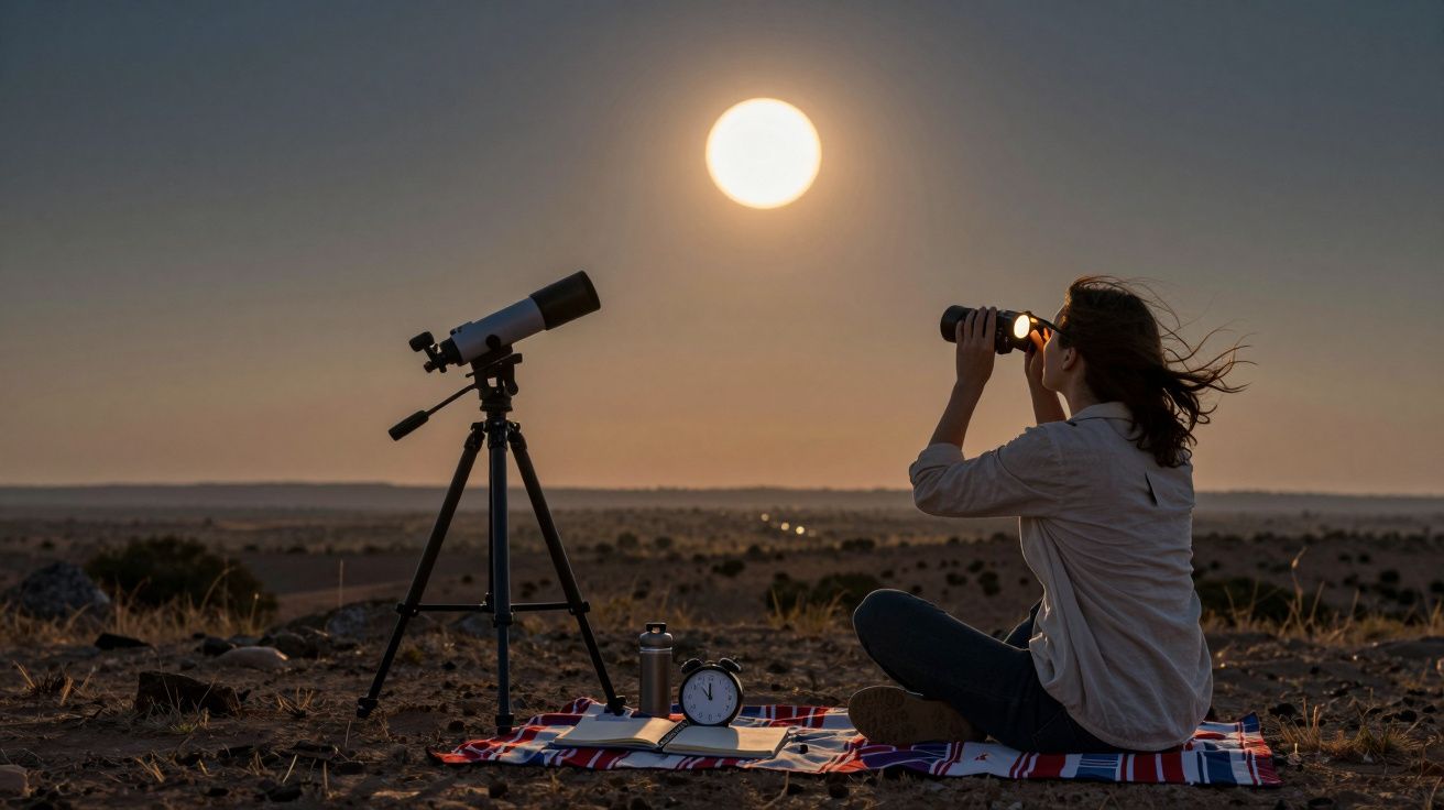 Mujer observando el cielo con prismáticos al atardecer, sentada en una manta junto a un telescopio y un reloj.