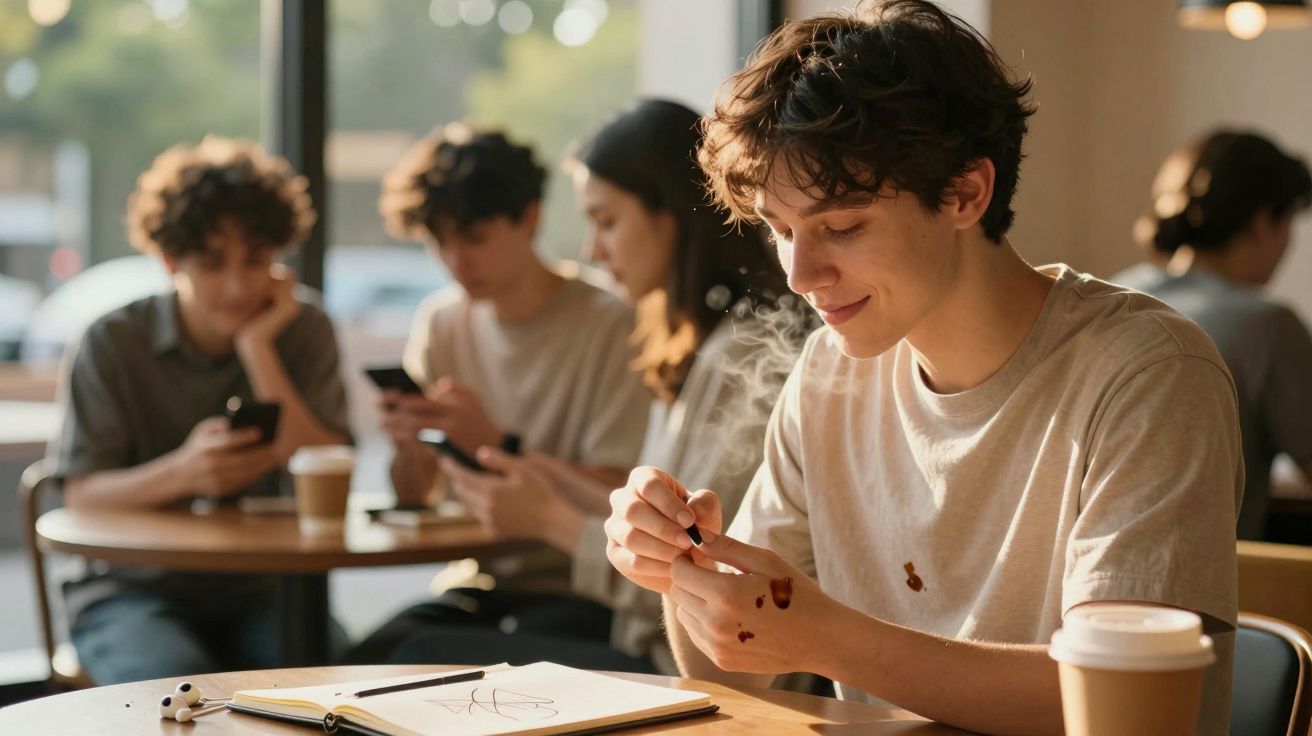 Joven sonríe y fuma en una cafetería mientras otros jóvenes detrás están usando sus móviles en la mesa.