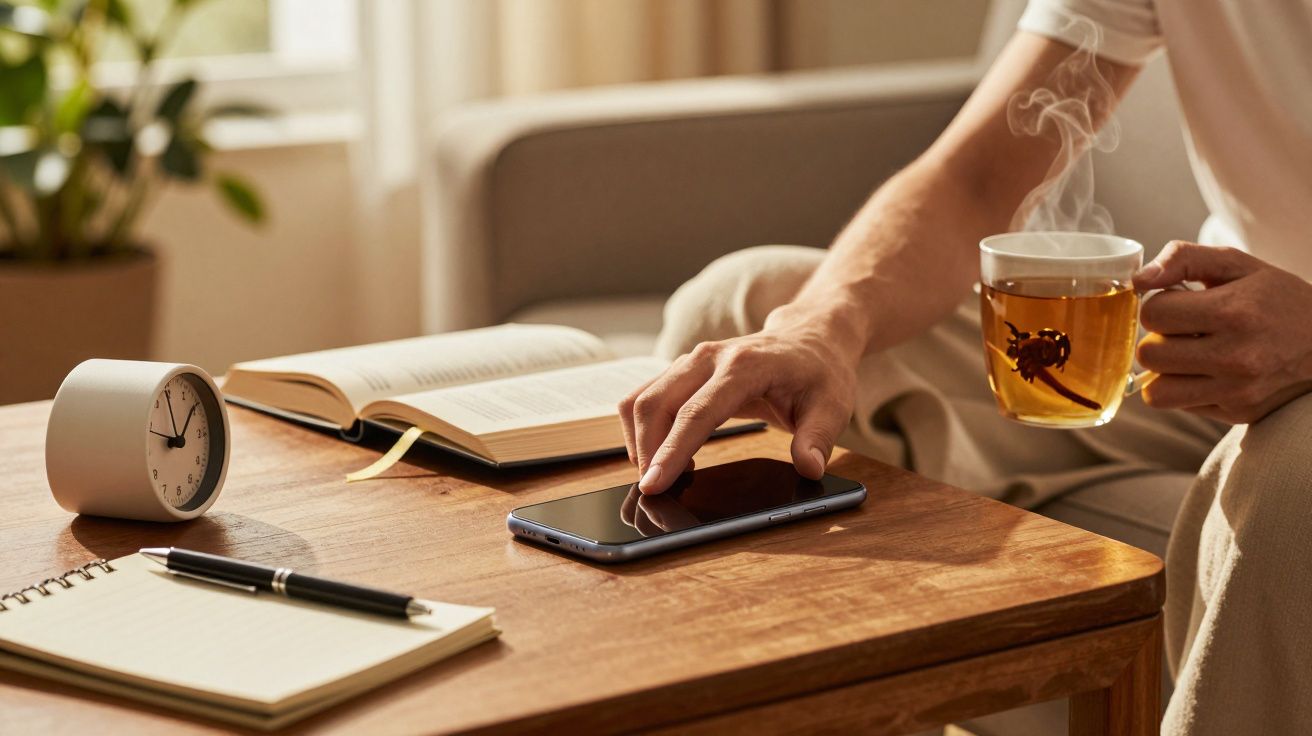 Persona en sofá, usando un móvil y sosteniendo una taza de té caliente. En la mesa, un reloj y un cuaderno abierto.