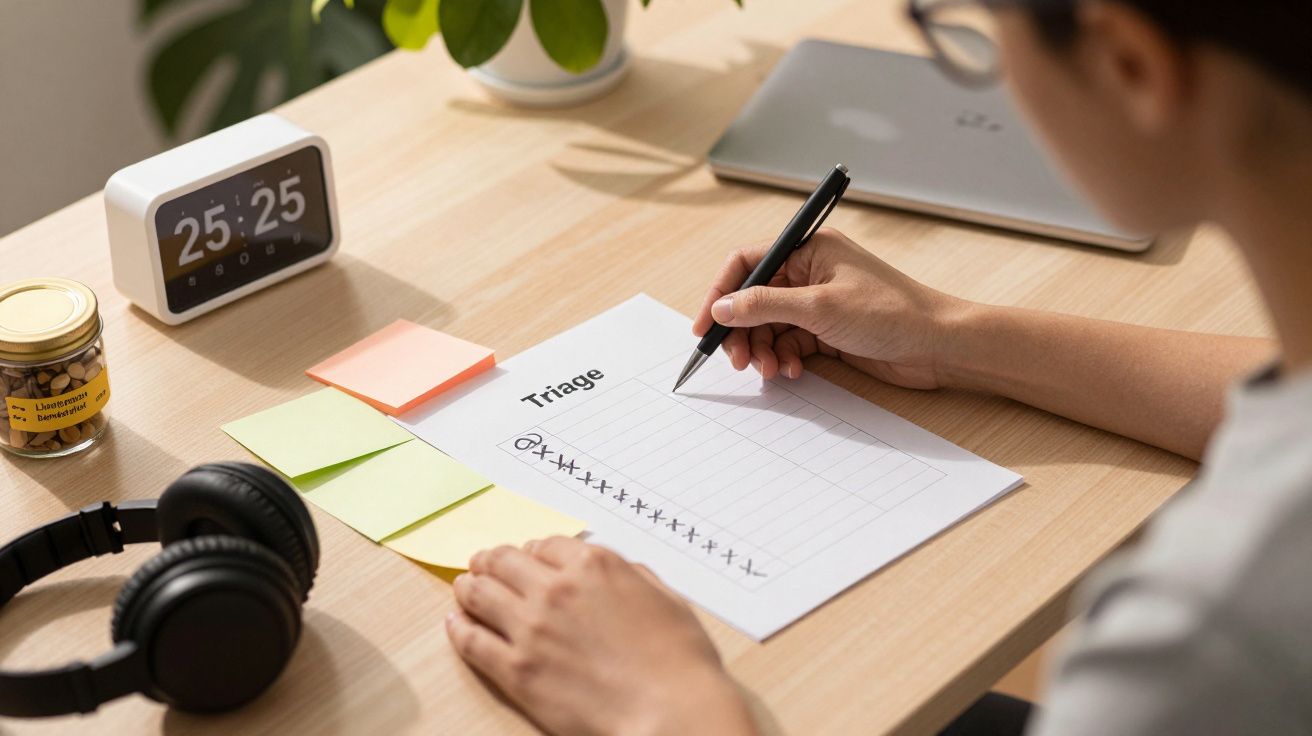 Persona escribe en lista de priorización en escritorio, junto a reloj, portátil y auriculares.