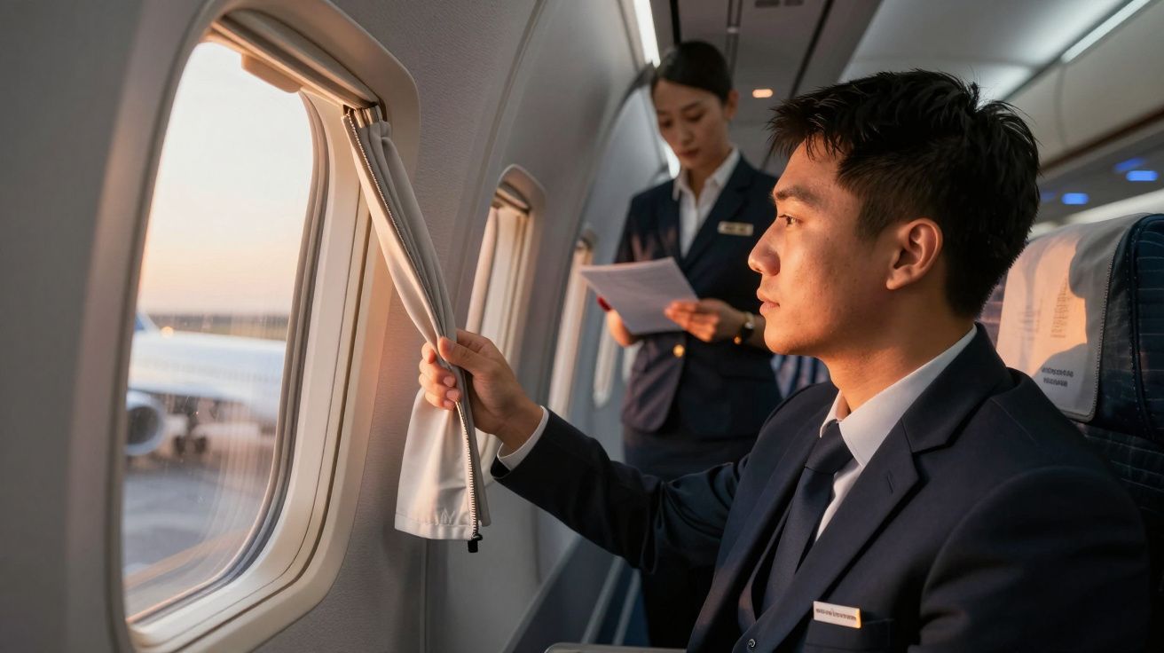 Hombre en traje mirando por la ventana de un avión al atardecer; azafata trabaja detrás de él.