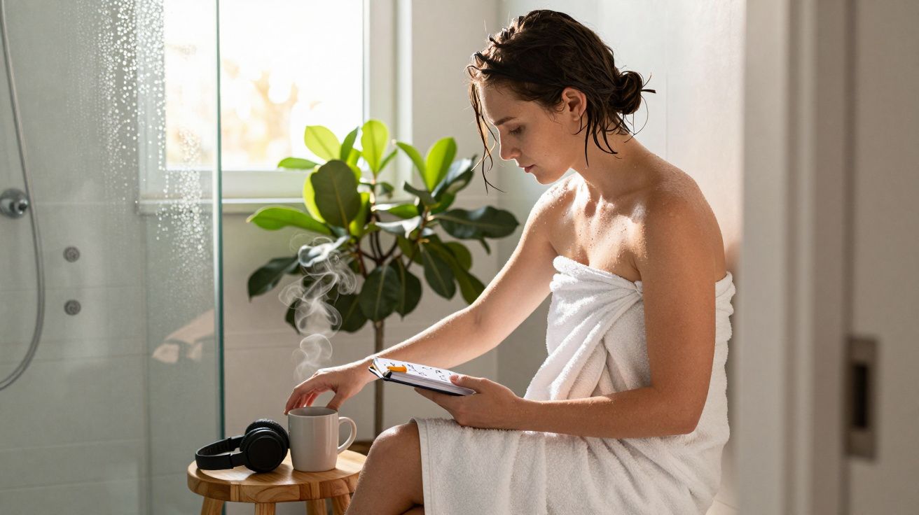 Mujer en bata de baño, sentada con un libro y una taza humeante en el baño, con auriculares y planta al fondo.
