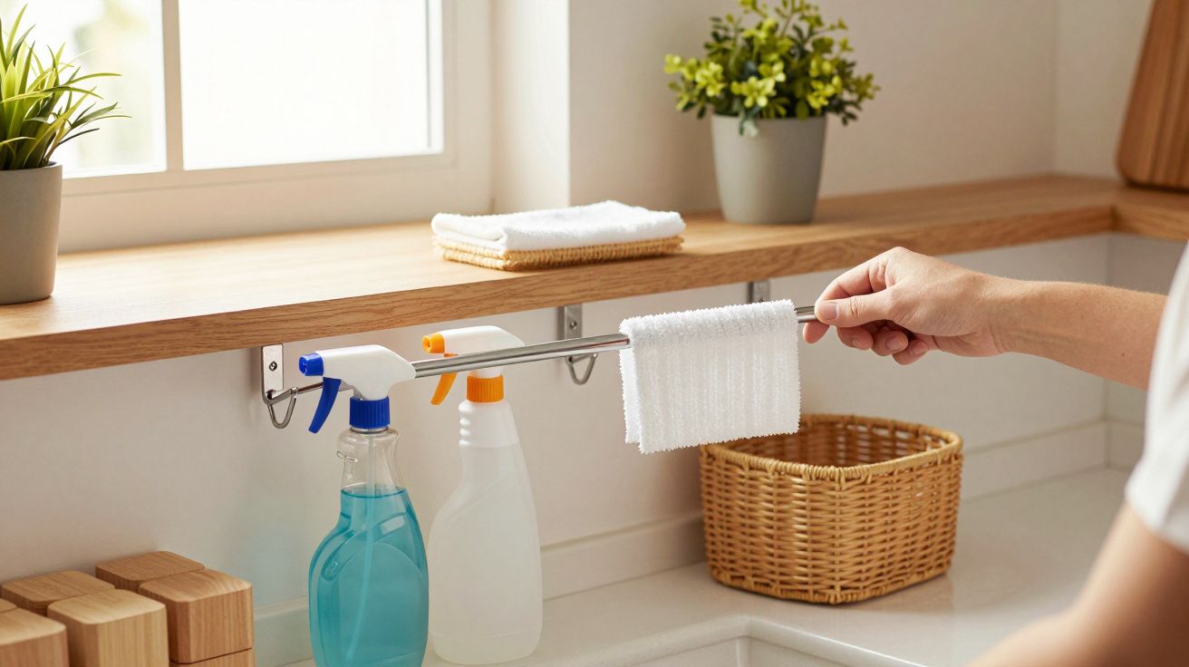Persona colgando un paño en barra de cocina, con botellas de spray y plantas decorativas en un estante de madera.