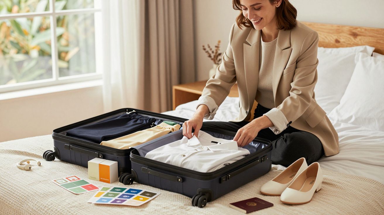 Mujer en habitación organizando ropa en una maleta sobre la cama. Alrededor, zapatos, pasaporte y tarjetas de colores.