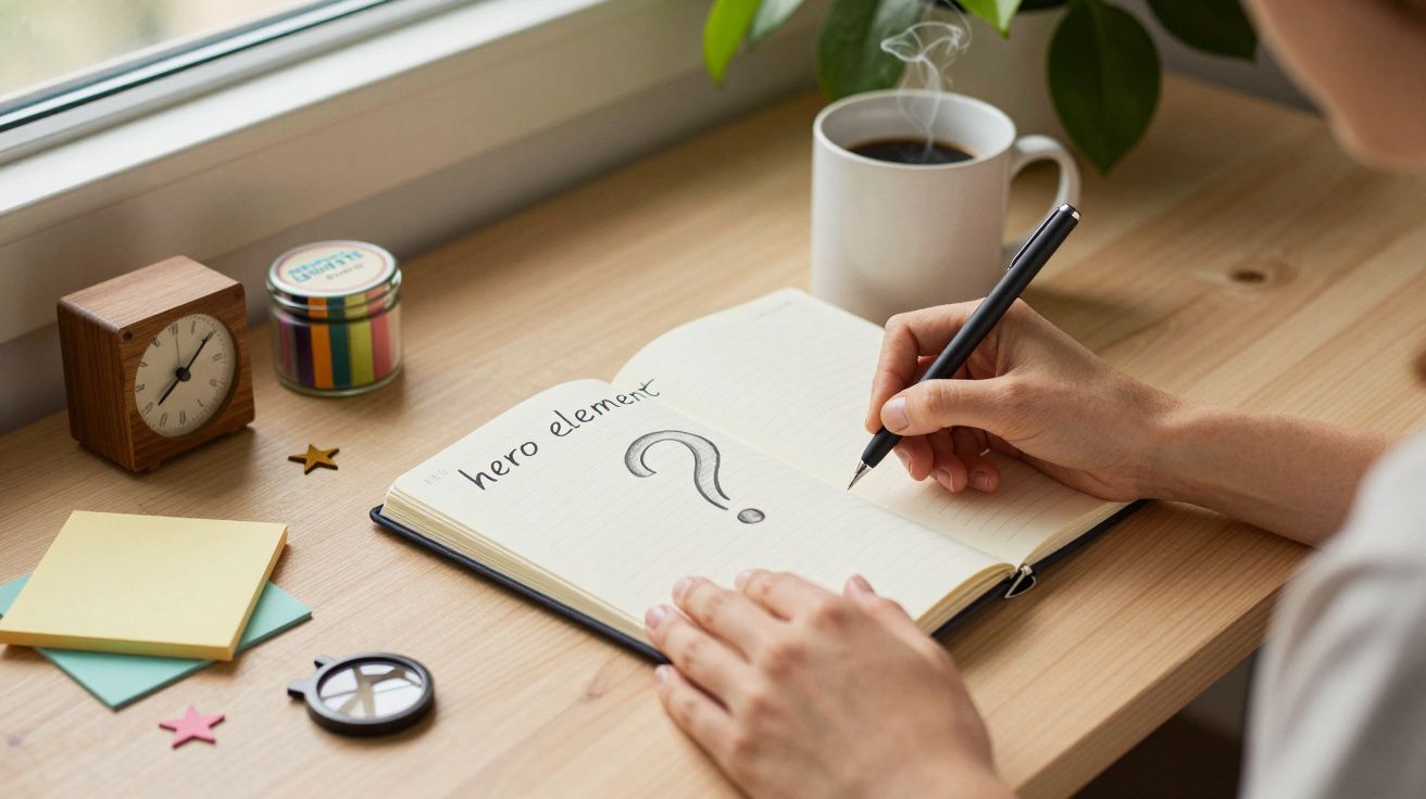 Persona escribiendo en un cuaderno con una taza de café al lado, sobre un escritorio de madera junto a una ventana.