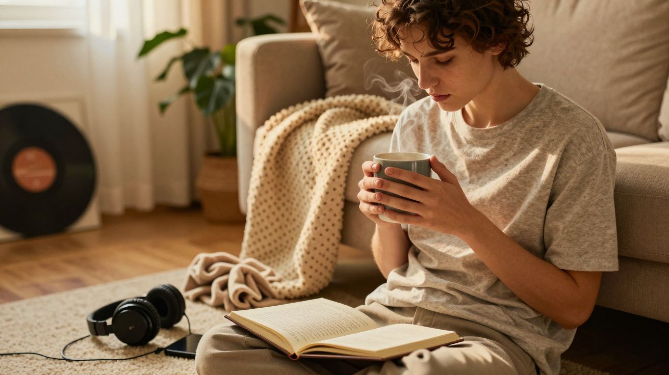 Persona joven sentada en el suelo, sosteniendo una taza humeante, junto a un libro abierto y auriculares.