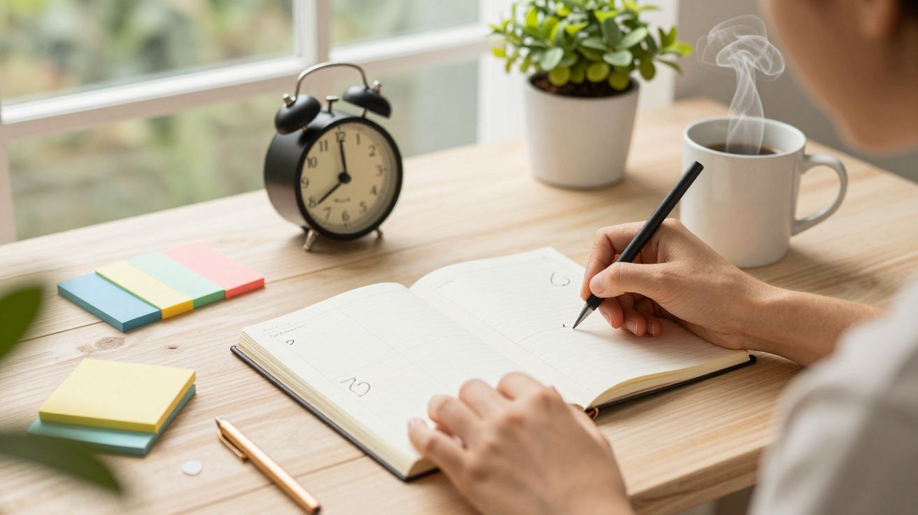 Persona escribiendo en una agenda en un escritorio con reloj, tazas de café, post-its y planta decorativa.