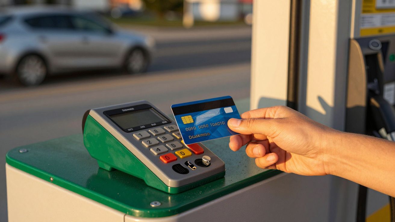 Persona pagando con tarjeta de crédito en un lector de tarjetas en una gasolinera.