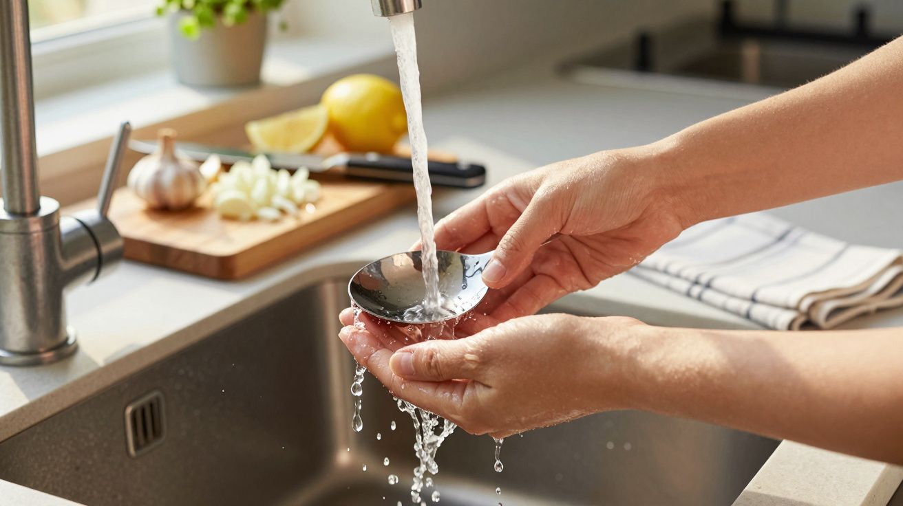 Manos lavando un objeto de metal en un fregadero, con fondo de ingredientes de cocina y luz natural.