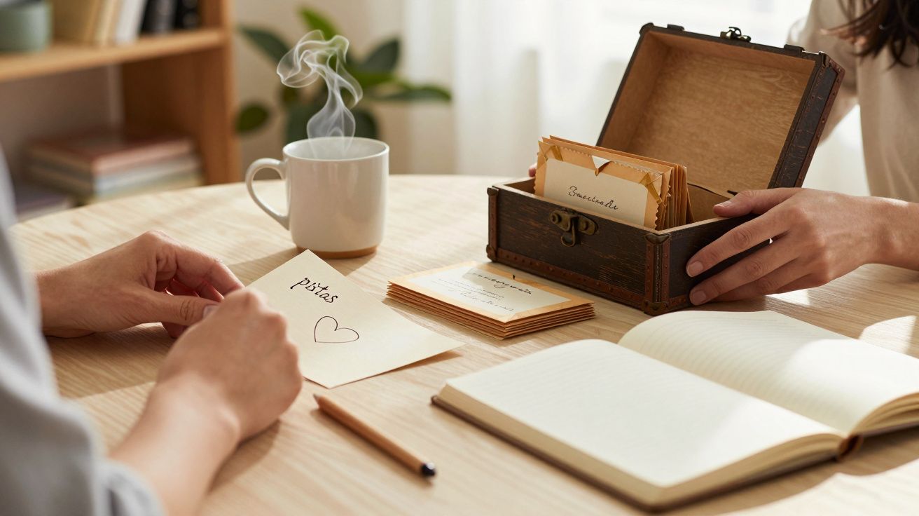 Manos escribiendo en papel, taza de café y caja de madera con sobres en una mesa.