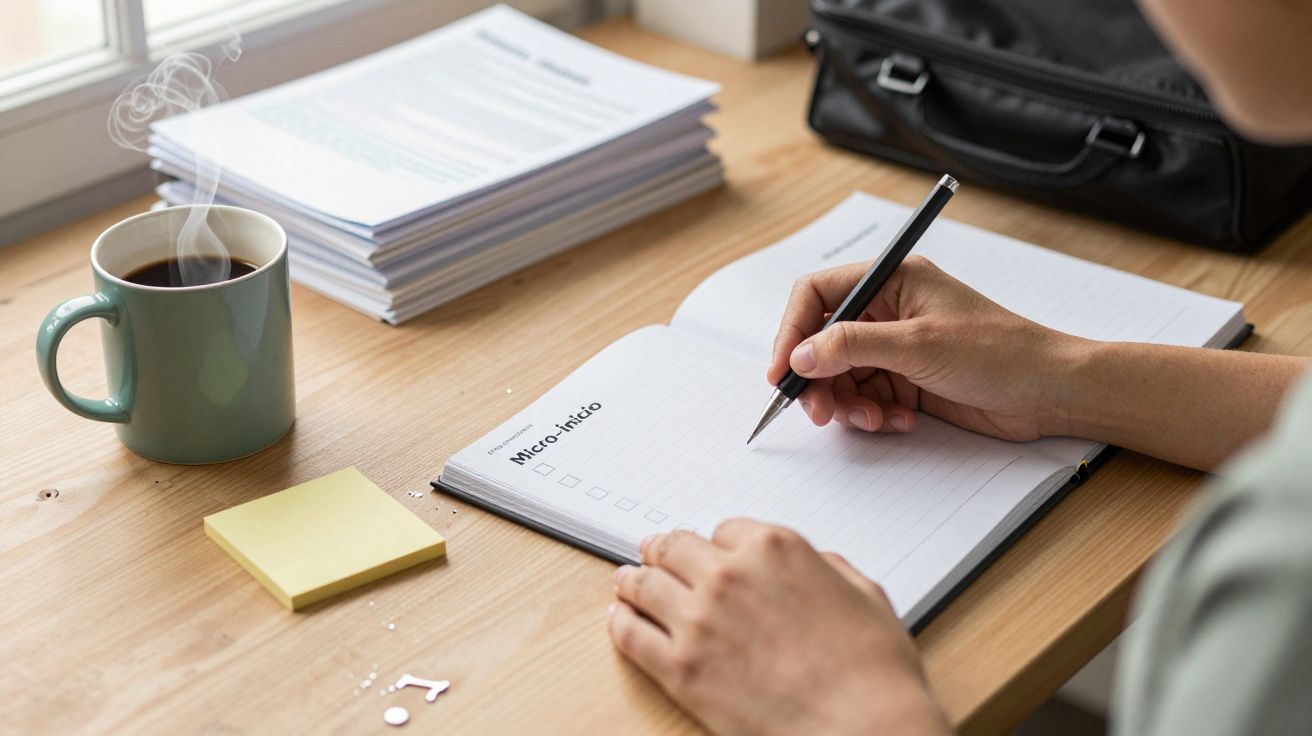 Persona escribiendo en un cuaderno junto a una taza de café humeante y notas adhesivas en una mesa de madera.