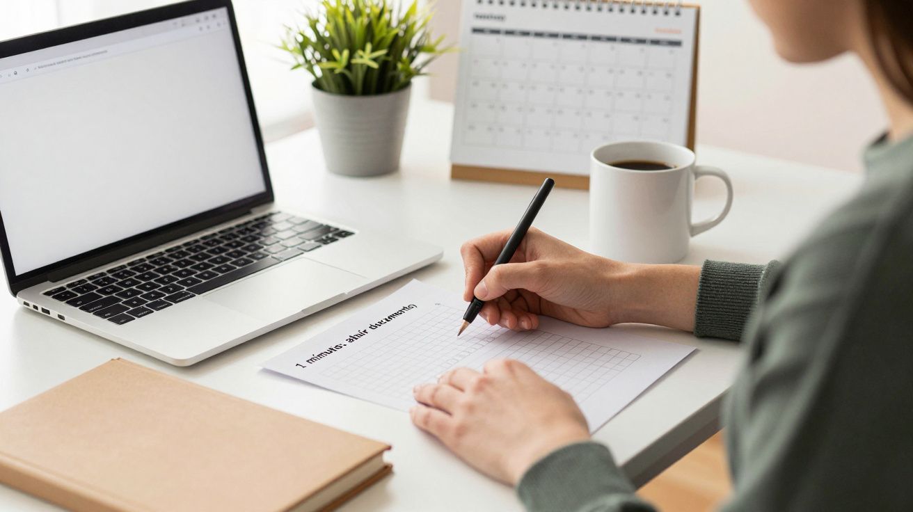 Persona en escritorio escribiendo en un documento, junto a portátil, libro, taza de café y calendario.