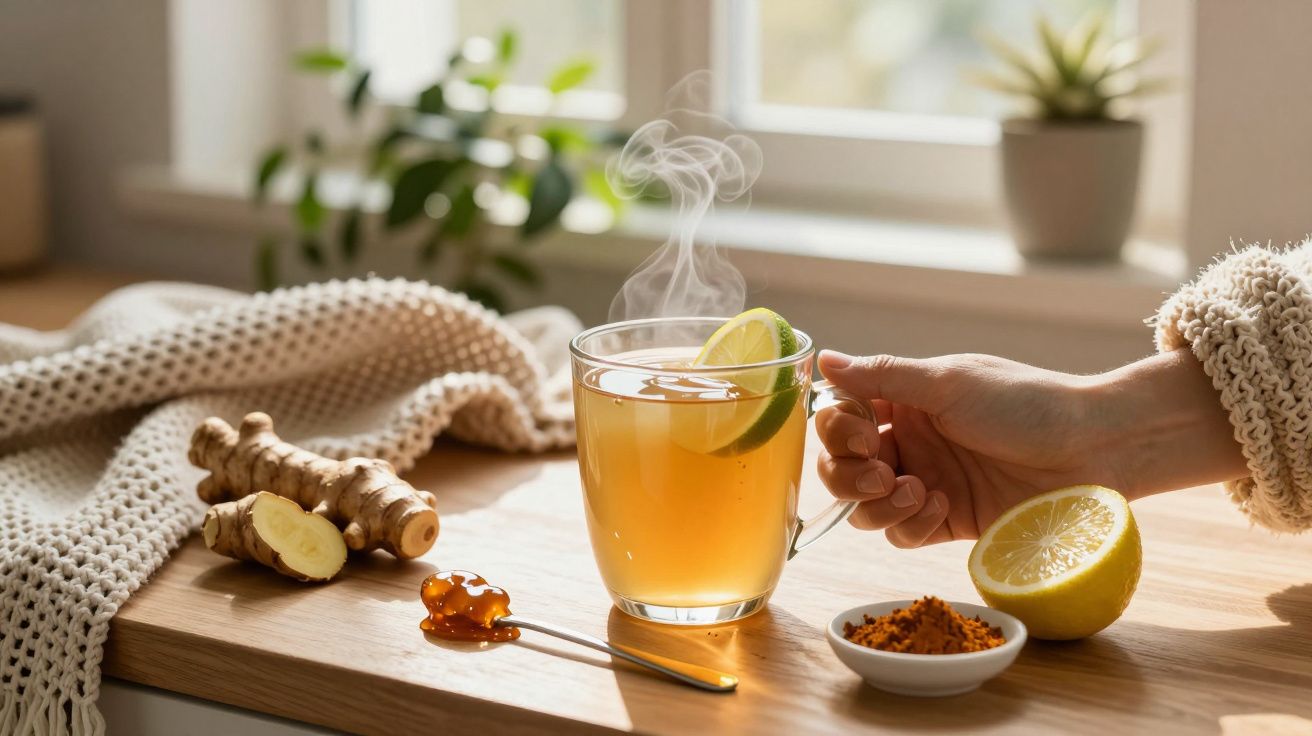 Taza de té con limón y jengibre sobre mesa de madera, mano sosteniendo la taza, con miel y especias al lado.