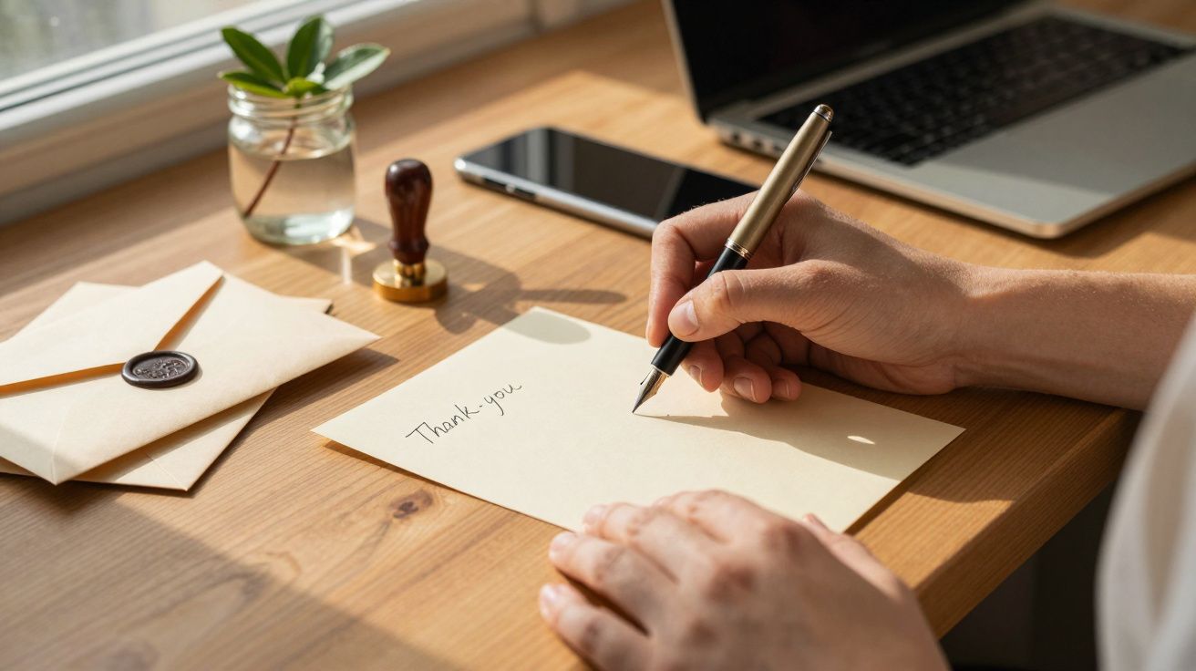Persona escribiendo "Thank you" en una tarjeta en un escritorio con ordenador, móvil y sello de cera.