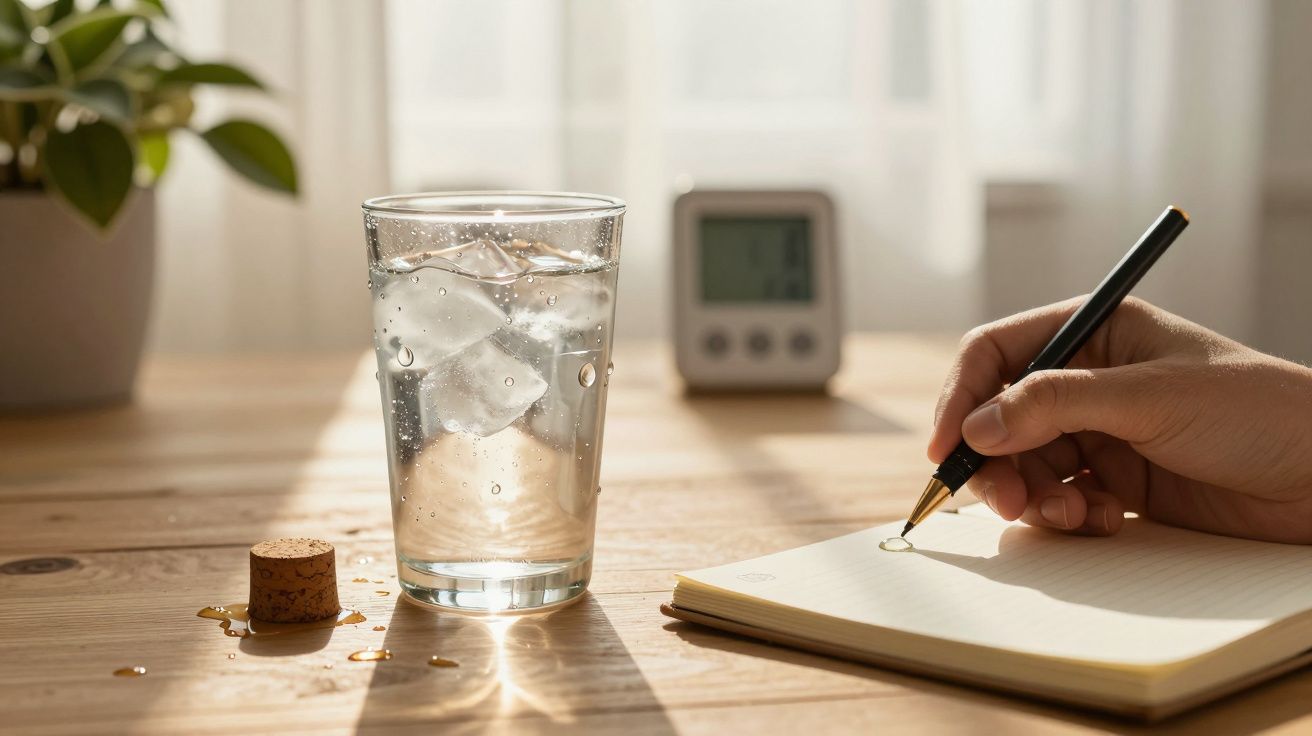 Persona escribiendo en un cuaderno junto a un vaso de agua con hielo en una mesa de madera, con luz natural.
